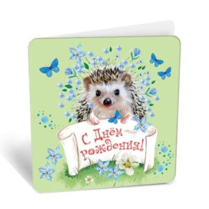 Мини-открытка, С Днем Рождения! (ежик и бабочки), 7*7,1 см, 20 шт.