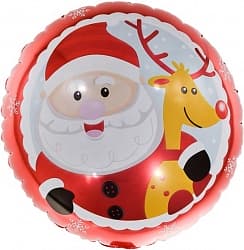 Шар (18"/46 см) Круг, Веселый Дед Мороз с оленем, Красный, 1 шт.
