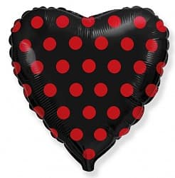 Шар (18"/46 см) Сердце, Красные точки, Черный, 1 шт.