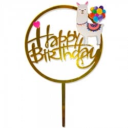 Топпер в торт, Happy Birthday (лама и шарики), Золото, 1 шт.