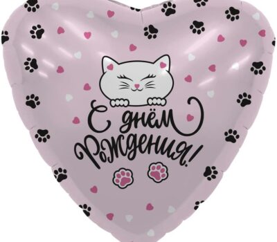 Шар (19''/48 см) Сердце, С Днем Рождения! (котенок и лапки), Розовый, 1 шт.