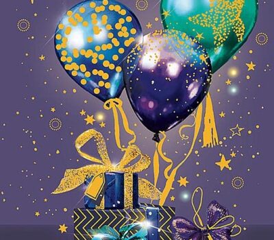 Открытка, С Прекрасным Днем Рождения (шары и подарки), Фиолетовый, Металлик, 12*18 см, 1 шт.