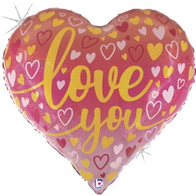 Шар (30''/76 см) Сердце, Люблю тебя (множество сердец), Розовый, Голография, 1 шт.