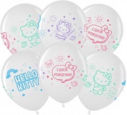 Шар (12"/30 см) Hello Kitty, С Днем Рождения!, Белый/Прозрачный, кристалл, 4ст