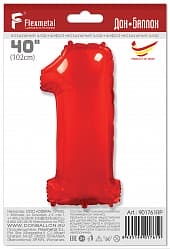 Шар (40"/102 см) Цифра, 1, Красный, в упаковке 1 шт.