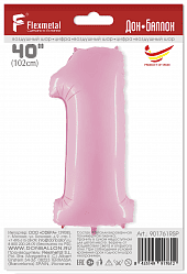 Шар (40"/102 см) Цифра, 1, Розовый, в упаковке 1 шт.