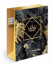 Пакет подарочный, Золотая корона и тропические листья, Черный/Золото, 32*26*8 см, 1 шт.