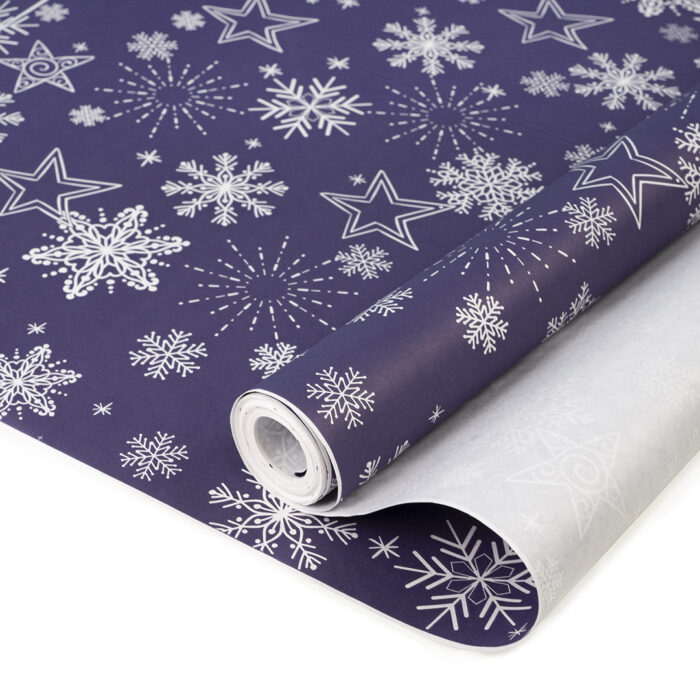 Упаковочная бумага, Крафт (0,7*10 м) Снежинка, Белый / Фиолетовый, 1 шт.