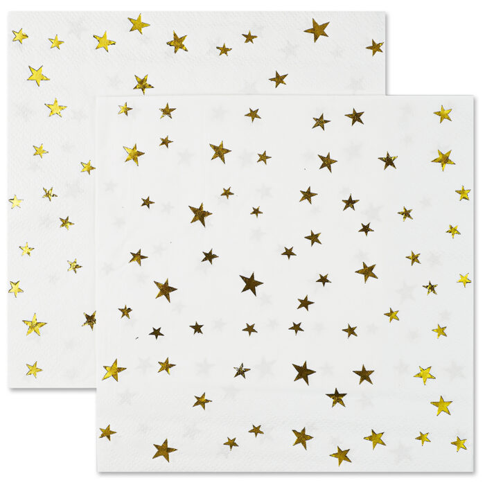 Салфетки, Золотые звезды, Белый/Золото, Металлик, 33*33 см, 12 шт.