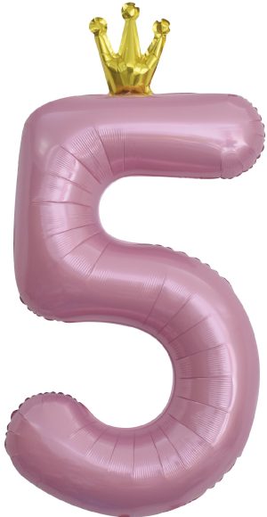 Шар (40''/102 см) Цифра, 5 Золотая корона, Розовый, 1 шт. в уп.