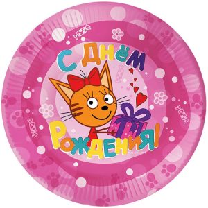 Тарелки (7"/18 см) Три Кота, С Днем Рождения!, Розовый, 6 шт.