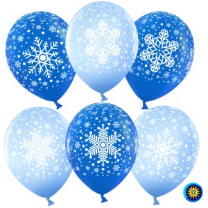 Воздушный шар (12"/30 см) Снежинки, Голубой/Синий, пастель, 5 ст, 100 шт.