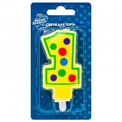 Свеча Цифра, 1 Яркая, Желтый, 7 см, 1 шт.