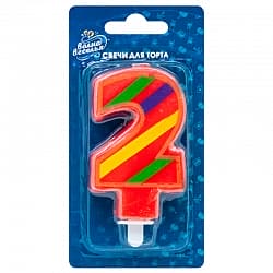 Свеча Цифра, 2 Яркая, Красный, 7 см, 1 шт.