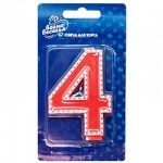 Свеча Цифра 4, Белый кант, Красный, 7 см, 1 шт.