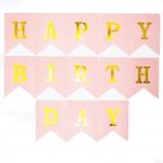 Гирлянда Флажки, Happy Birthday (золотые буквы), Розовый, Металлик, 16*160 см, 1 шт.
