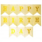 Гирлянда Флажки, Happy Birthday (золотые буквы), Золото, Металлик, с блестками, 16*160 см, 1 шт.