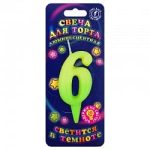 Свеча Цифра, 6 Люминесцентная, флюор, 8 см, 1 шт.