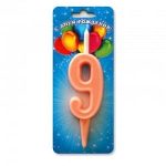 Свеча Цифра 9, Неон, Коралловый, 10 см, 1 шт.