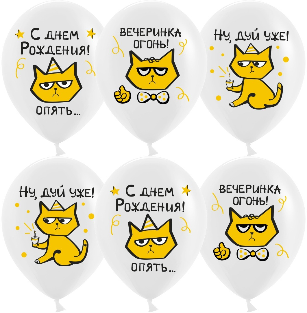 Шар (12''/30 см) С Днем Рождения! (рыжий котик), Белый, пастель, 1 ст, 25 шт.