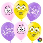 Воздушный Шар (12''/30 см) Губка Боб, С Днем Рождения!, Ассорти, пастель, 2 ст, 25 шт.