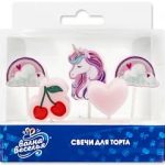 Свечи Единорог в облаках, Розовый, 6 см, 5 шт.