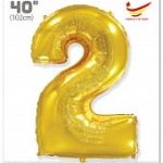 Шар (40"/102 см) Цифра, 2, Золото, 1 шт. в упак.