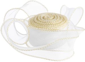 Лента декоративная (4 см*9,14 м) Органза с леской, Золотая кайма, Белый, 1 шт.