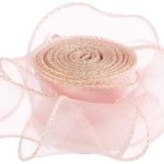 Лента декоративная (4 см*9,14 м) Органза с леской, Золотая кайма, Розовый, 1 шт.