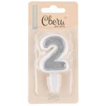 Свеча Цифра, 2, Серебро, с блестками, 5 см, 1 шт. с держат.