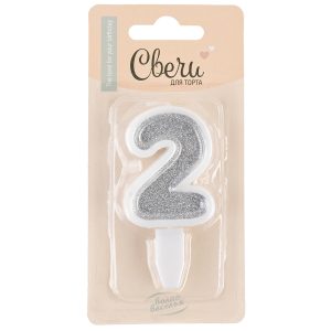 Свеча Цифра, 2, Серебро, с блестками, 5 см, 1 шт. с держат.