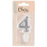 Свеча Цифра, 4, Серебро, с блестками, 5 см, 1 шт. с держат.
