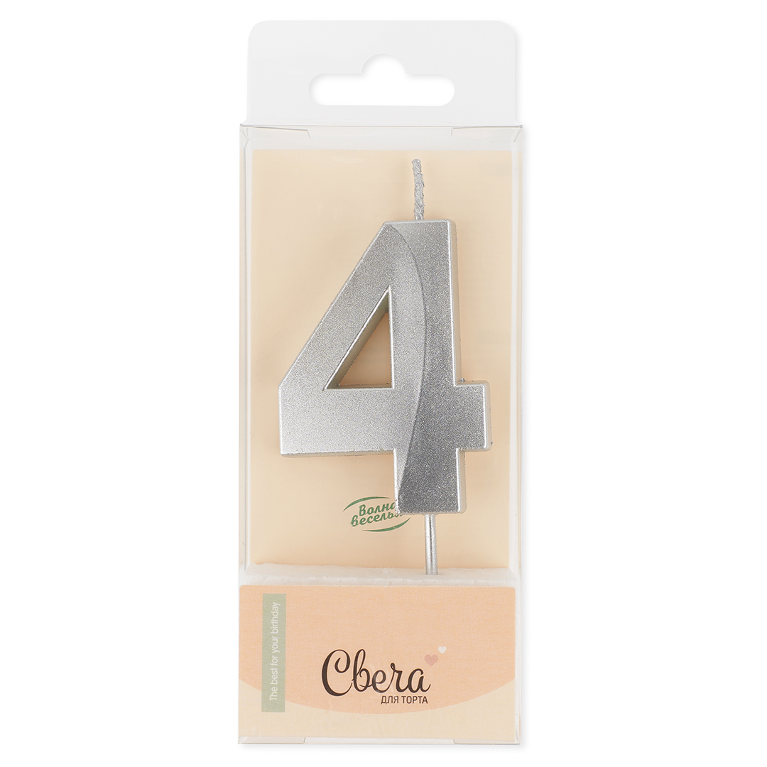 Свеча Цифра, 4 Грани, Серебро, Металлик, 4,2*6 + 4,5 см, 1 шт.