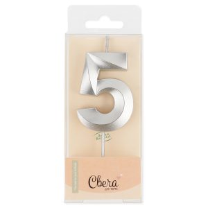 Свеча Цифра, 5 Грани, Серебро, Металлик, 4,2*6 + 4,5 см, 1 шт.