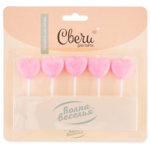 Свечи Сердце, Розовый, с блестками, 5 шт. с держат.
