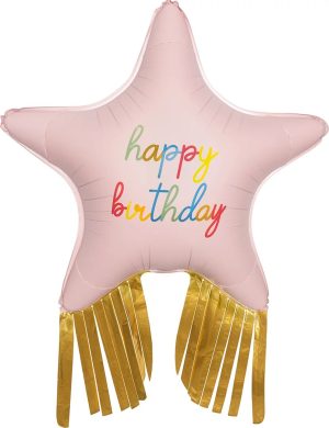 Шар (38''/97 см) Звезда, Happy Birthday, Золотой каскад, Розовый, Сатин, 1 шт.